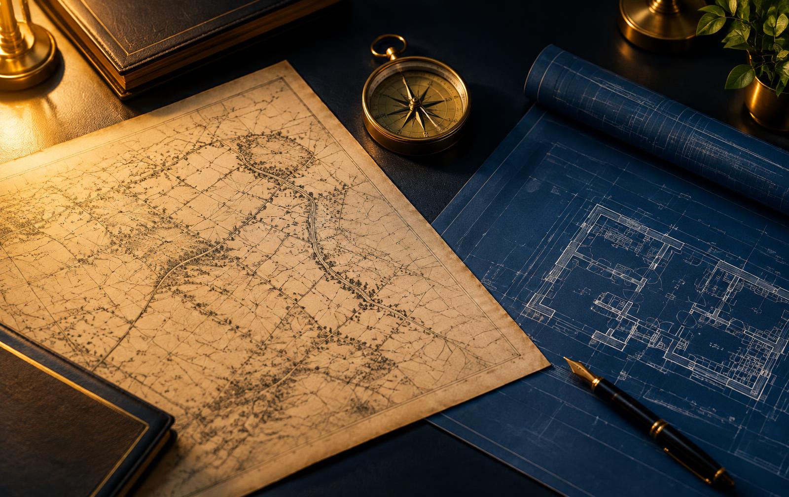 Land survey map, building blueprint and brass compass on a desk